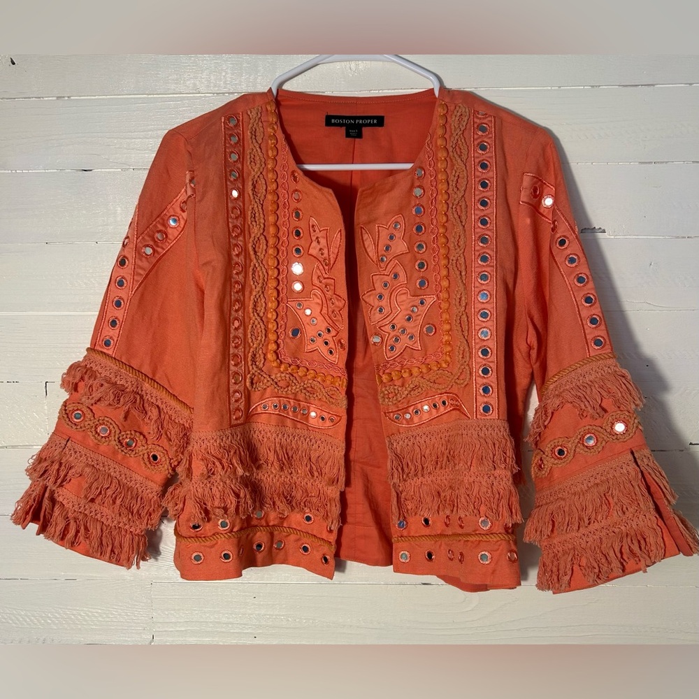 Boston Proper coral/orange jacket, reflective dots, fringe, unique. Womens S. - Picture 2 of 8